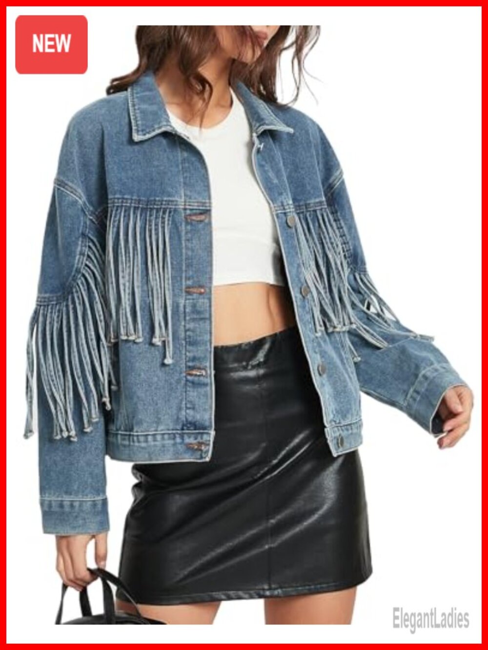 Oversized Fringed Denim Jacket Women Western Tassel Button Jean Coat